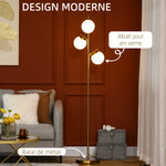 Lampadaire sur pied salon en métal avec 3 abat-jours globe blanc verre dépoli 40W Ø 27 x 169H cm doré