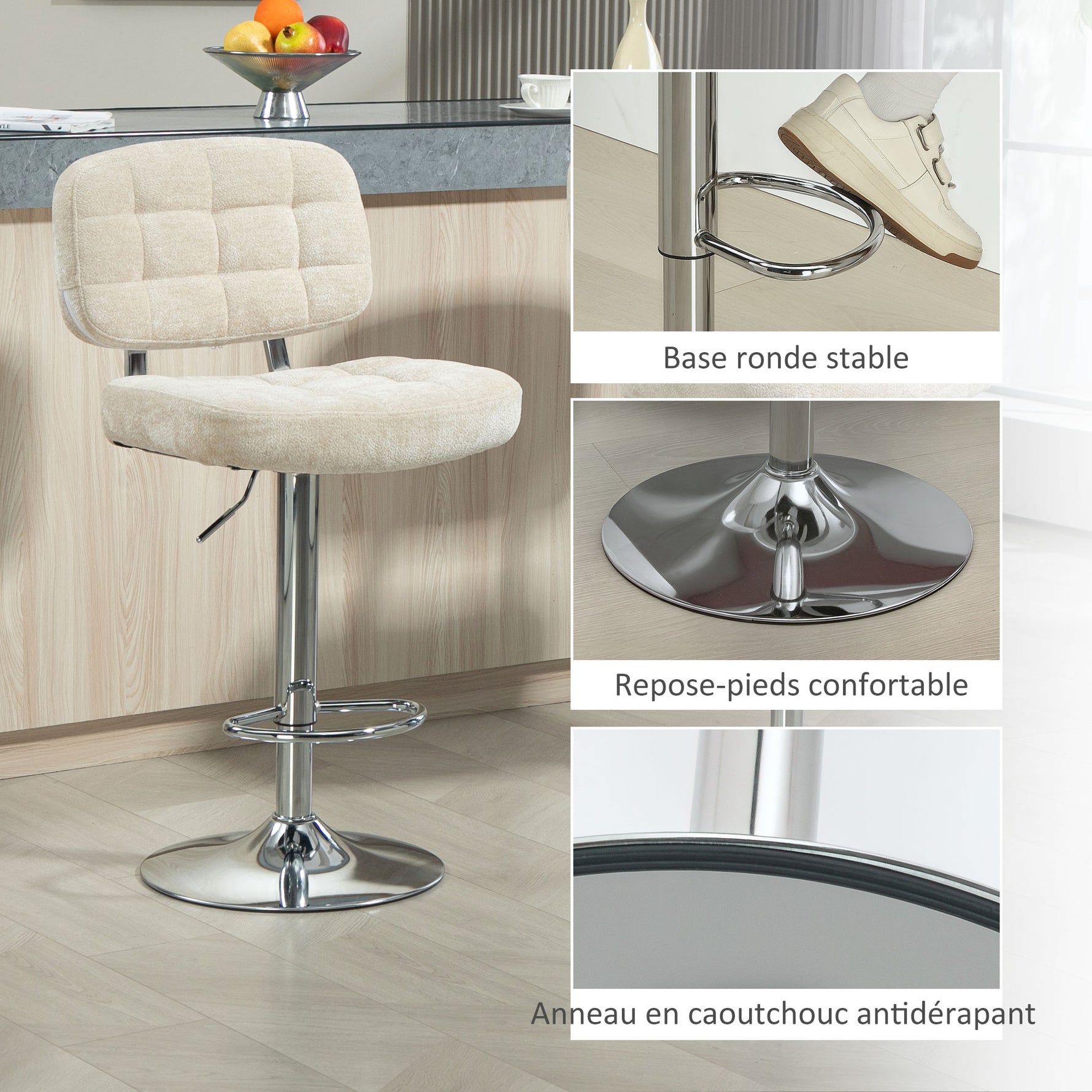 Lot de 2 tabourets de bar avec dossier, hauteur réglable et repose-pieds, cadre en acier, charge 120 Kg, beige