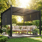 Pergola de jardin 3 x 3 m tonnelle de jardin avec Auvent coulissant, structure métallique, pour extérieur, Gris Foncé