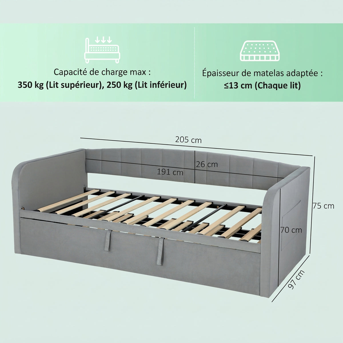Ausziehbares Bett 90/180x190 cm, 3-Sitzer Schlafsofa, Lattenrost aus Holz, gepolstertes Kopfteil aus Samt, Grau