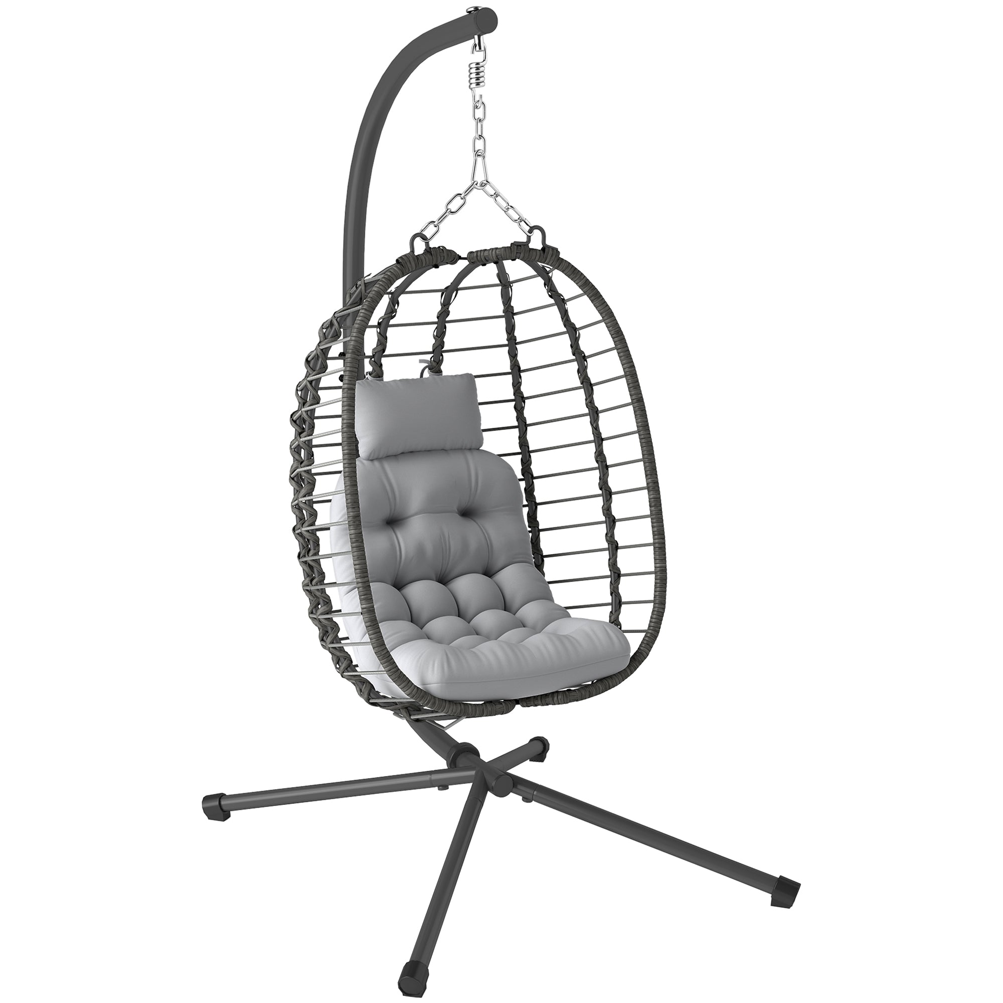 Fauteuil suspendu pliable en résine tressée avec support, coussin et oreiller hauteur réglable, gris
