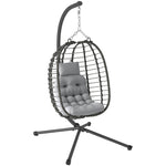 Fauteuil suspendu pliable en résine tressée avec support, coussin et oreiller hauteur réglable, gris