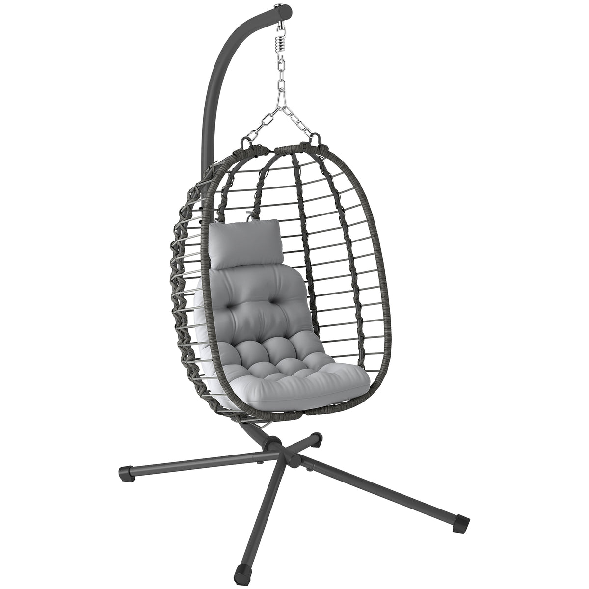 Fauteuil suspendu pliable en résine tressée avec support, coussin et oreiller hauteur réglable, gris