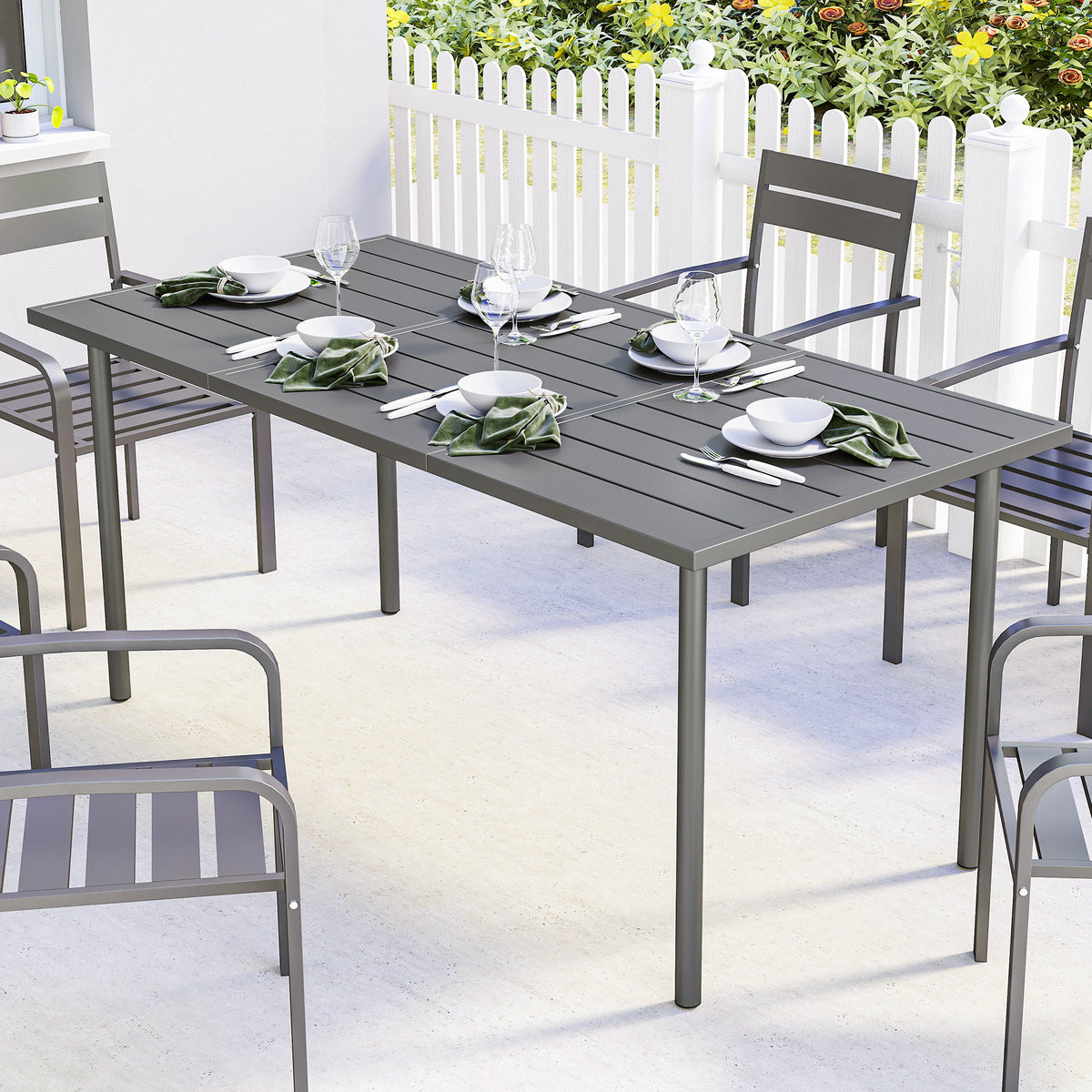 Table de jardin pour 6 personnes, 165 x 80 cm, table à manger extérieure rectangulaire avec plateau à lattes en métal