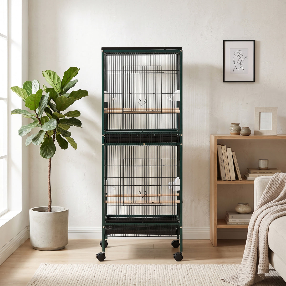 Grote dubbele vogelkooi op standaard met voerbakken, zitstokken, uitneembare lade en wieltjes - Afm. 51,5L x 50B x 140H cm