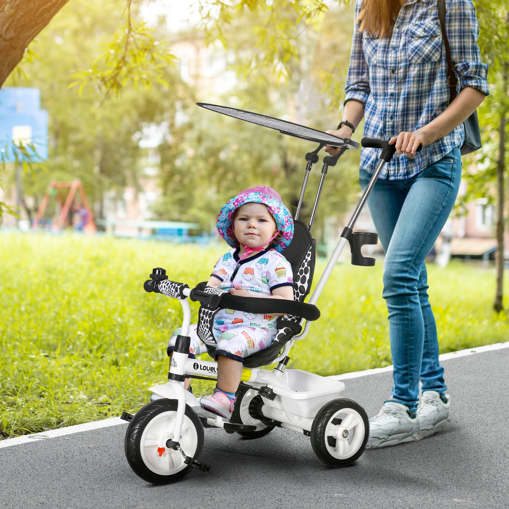 Tricycle Enfants Pare-Soleil Pliable Canne Amovible Benne Rangement 105 x 47 x 98 cm Acier Blanc et Noir