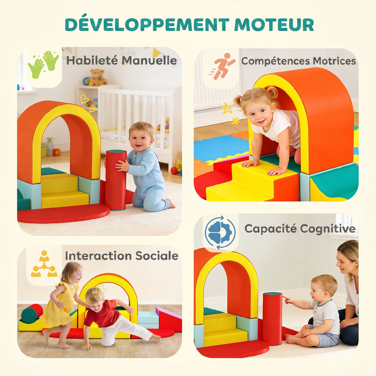 Parcours motricité bébé 10PCS, module motricité bébé en mousse EPE avec housse en revêtement PU, multicolore