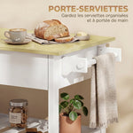 Desserte de cuisine à roulettes, îlot central cuisine avec plan de travail, tiroir, étagères, porte-serviettes, blanc