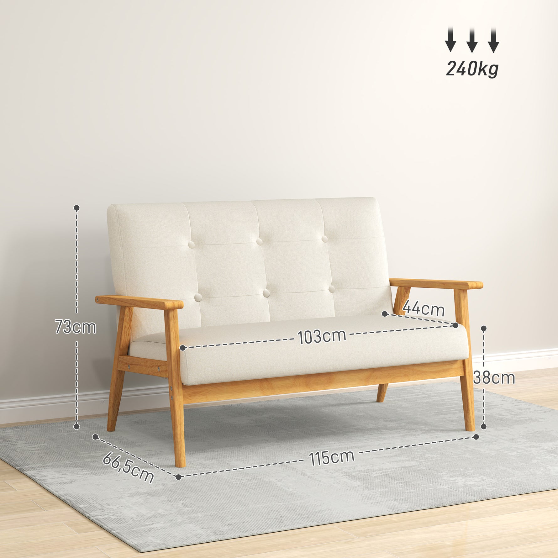 Canapé 2 places 115 cm canapé scandinave avec dossier capitonné, assise rembourrée et accoudoirs, beige