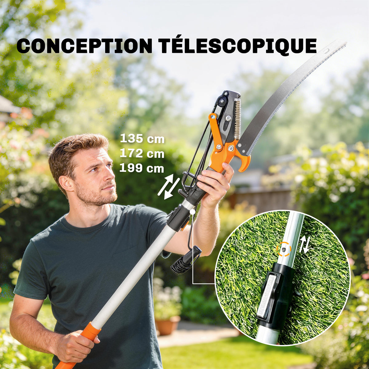 Élagueur télescopique 2 en 1, scie manuelle, sécateur avec verrou de sécurité, perche télescopique en aluminium 2 m