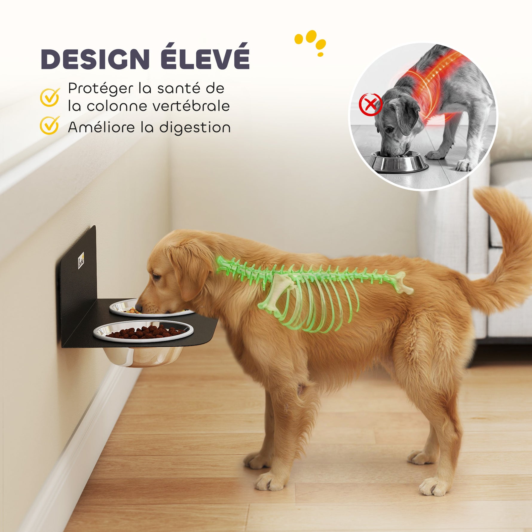 Gamelle Bol pour Chien Double Gamelle Support Mural 2 Bols Acier Inox 800ml Hauteur Réglable 42x23,5x14cm Noir
