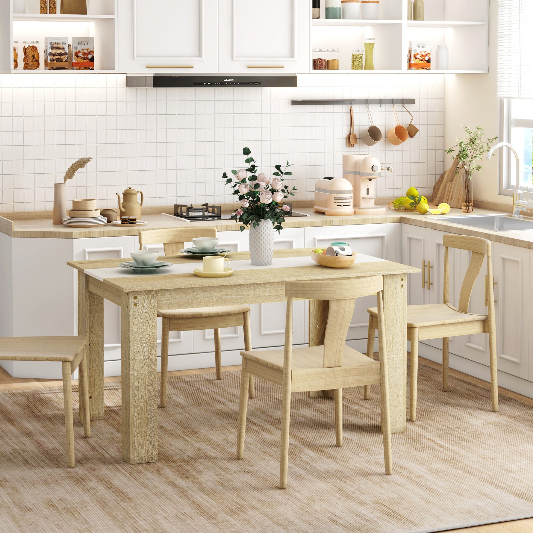 Table de salle à manger pour 6 personnes en bois aspect naturel et blanc, dim. 140L x 90l x 75H cm