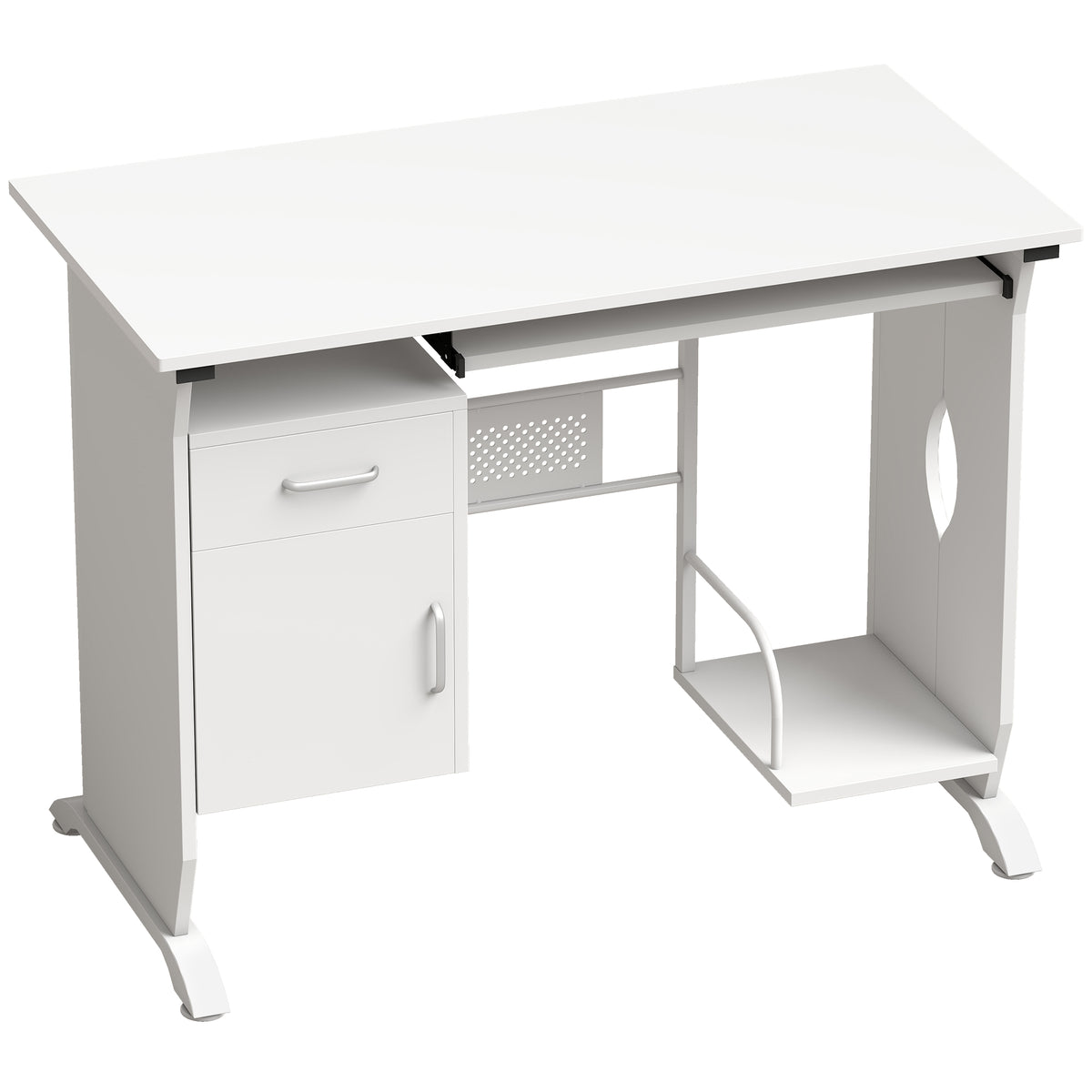 Bureau d'ordinateur, 100 x 52 x 75 cm, tablette coulissante pour clavier, tiroirs et support d'unité centrale, blanc
