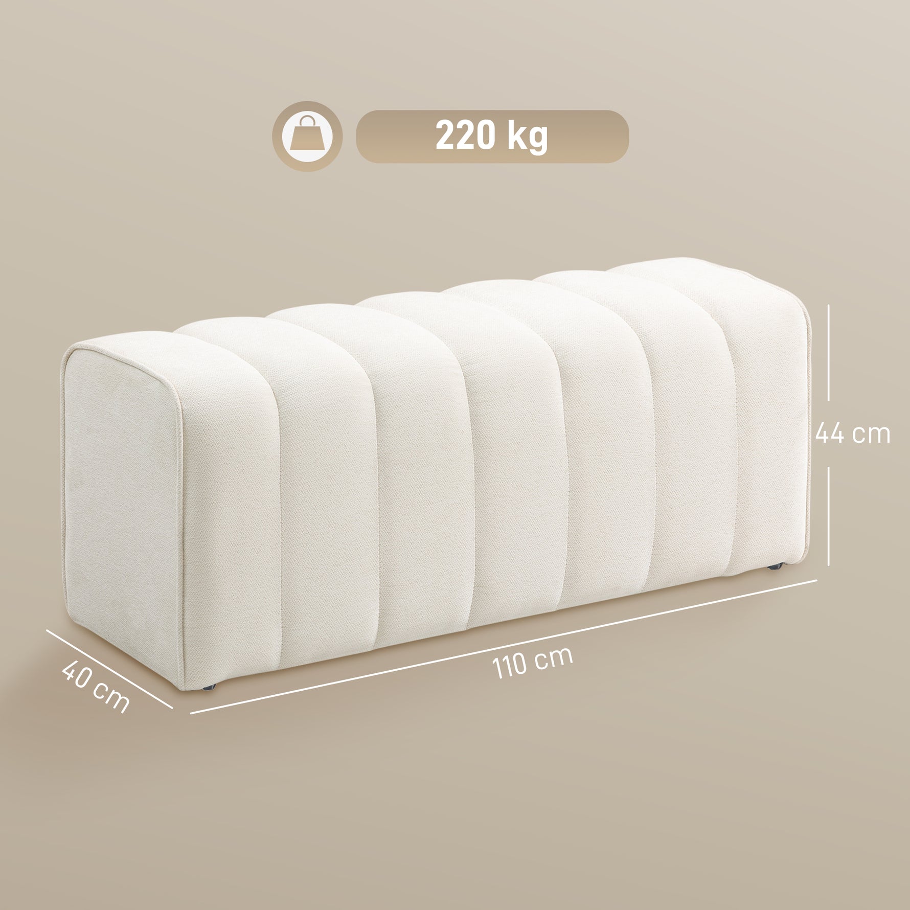 Banc bout de lit, banquette rembourrée, style moderne, ottoman en tissu aspect lin, 110 x 40 x 44 cm, crème