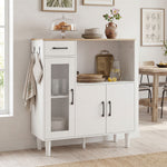 Buffet cuisine, meuble de rangement avec tiroir, 3 portes dont 1 en acrylique cannelée, étagère ouverte, blanc et chêne