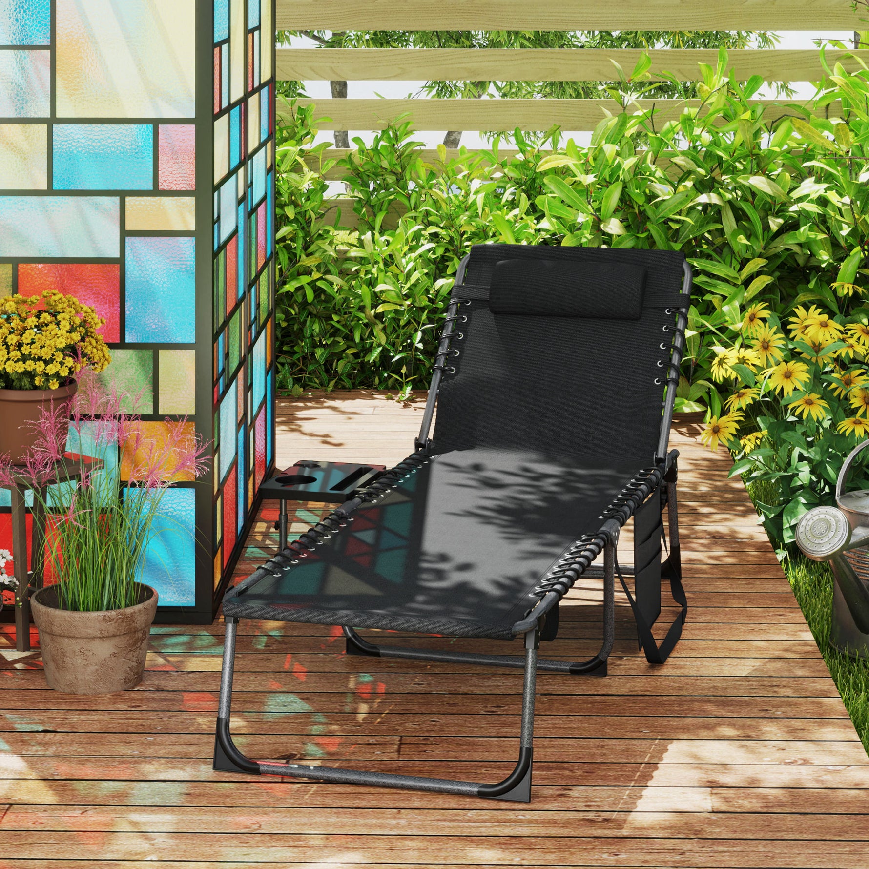 Bain de soleil pliante dossier réglable sur 5 niveaux, plateau, appuie-tête, poche latérale 60 x 190 x 31 cm, noir