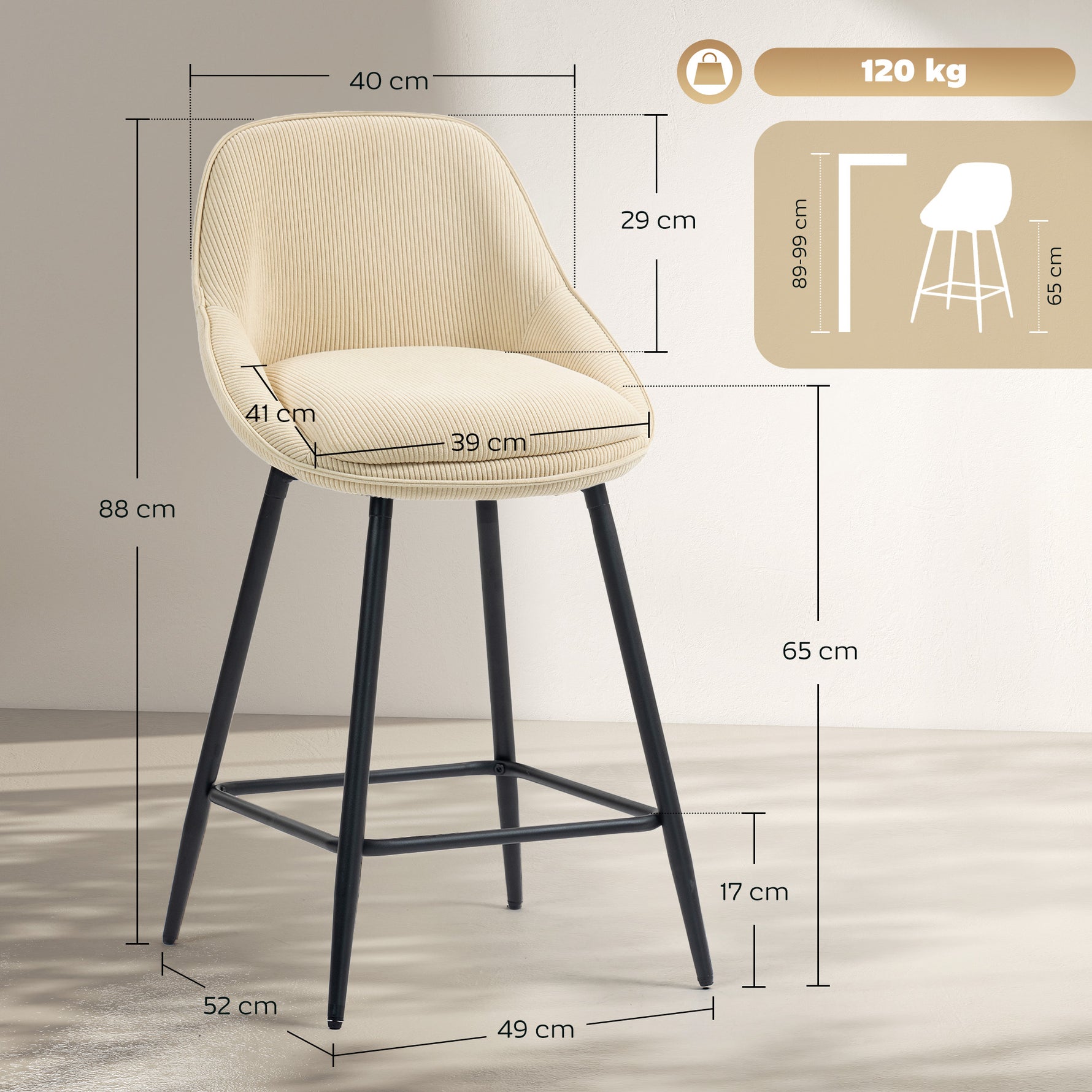 Lot de 2 tabourets de bar en tissu velours côtelé, chaises de bar avec dossier courbé, repose-pieds, 49x52x88cm, beige