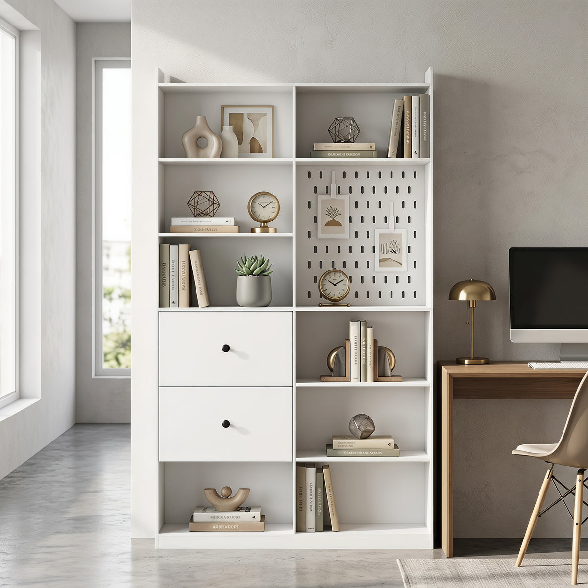 Bibliothèque, Étagère 6 Niveaux, 120 x 30 x 200 cm, Meuble de Rangement avec 2 Tiroirs et Panneau Perforé, Blanc