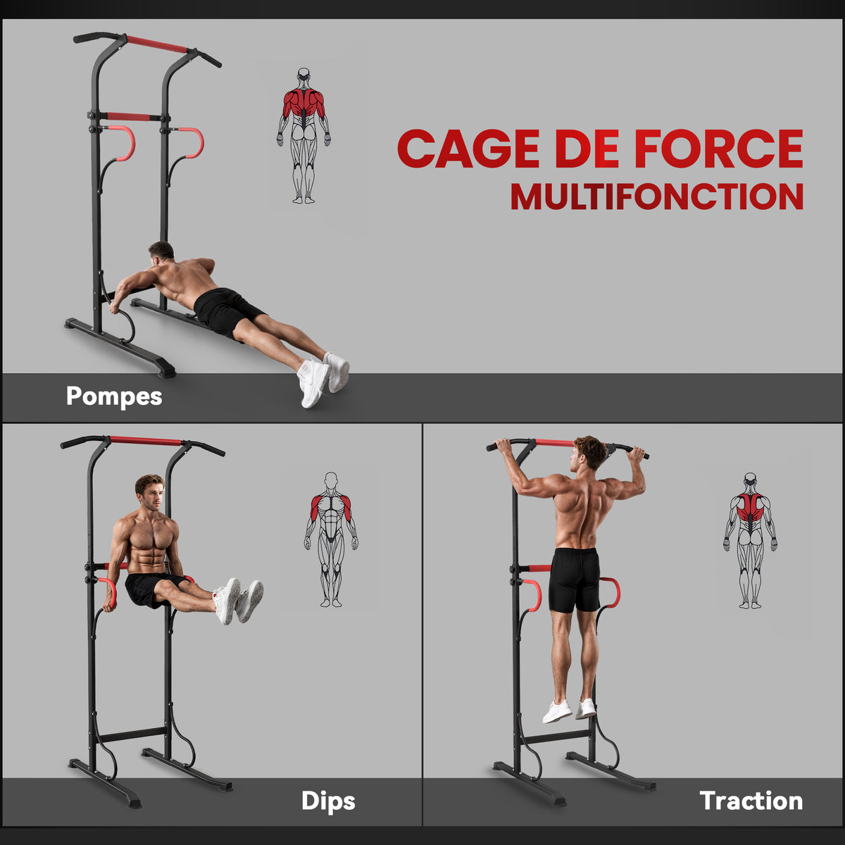 Station de musculation multifonctions barre de traction chaise romaine hauteur réglable acier noir rouge