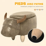 Tabouret Vache - Pouf Vachette - Pouf Taureau Coffre de Rangement 2 en 1 - Pieds Bois d'hévéa revêtement synthétique Aspect Daim Vieilli Marron