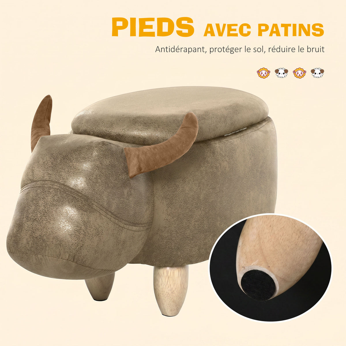 Tabouret Vache - Pouf Vachette - Pouf Taureau Coffre de Rangement 2 en 1 - Pieds Bois d'hévéa revêtement synthétique Aspect Daim Vieilli Marron