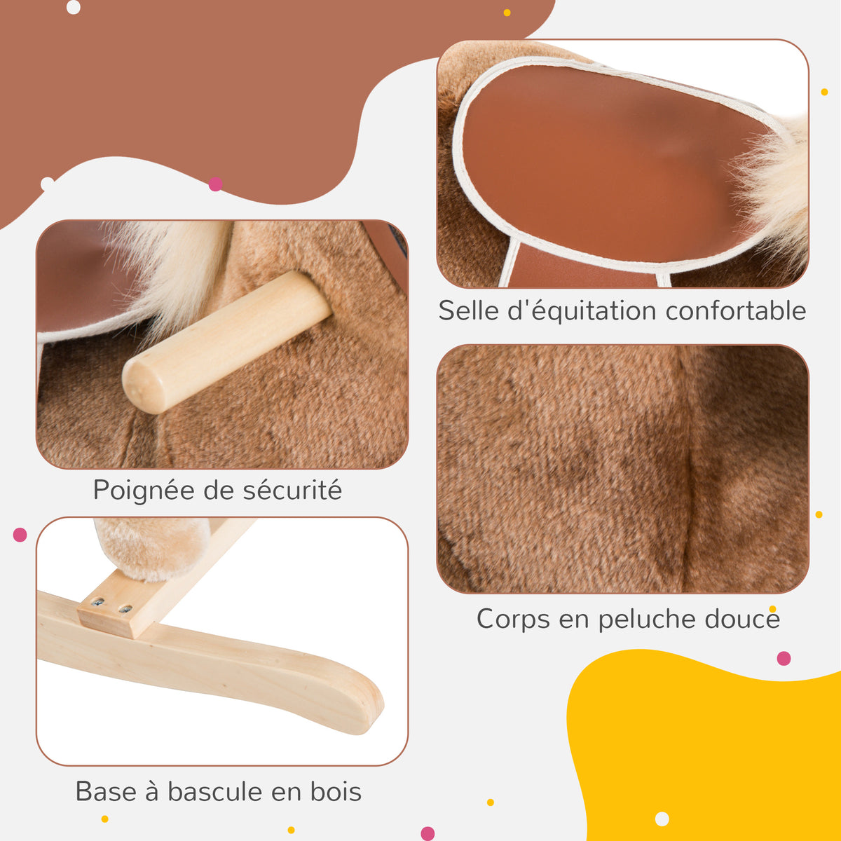 Schaukelpferd Cowboypferd Sattel Großer Komfort für Kinder ab 36 Monaten Kurzflor Plüsch Weich Holz Pappel Belastung 40 kg Braun Weiß