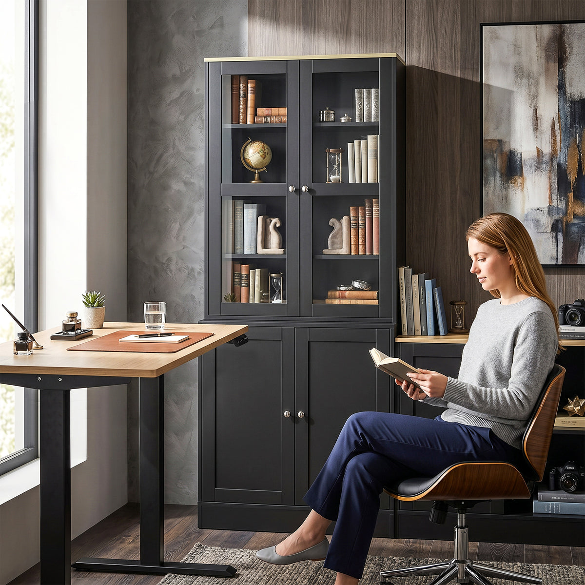Bibliothèque vitrine, meuble de rangement à 6 niveaux avec 4 portes dont 2 en verre trempé, étagères réglables, noir