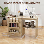 Table de couture pliante meuble couture à abattant avec bacs de rangement, étagère ouverte et roulettes, bois naturel
