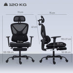Chaise bureau ergonomique, fauteuil de bureau avec soutien lombaire dynamique adaptatif, 73x75x120-128cm, noir