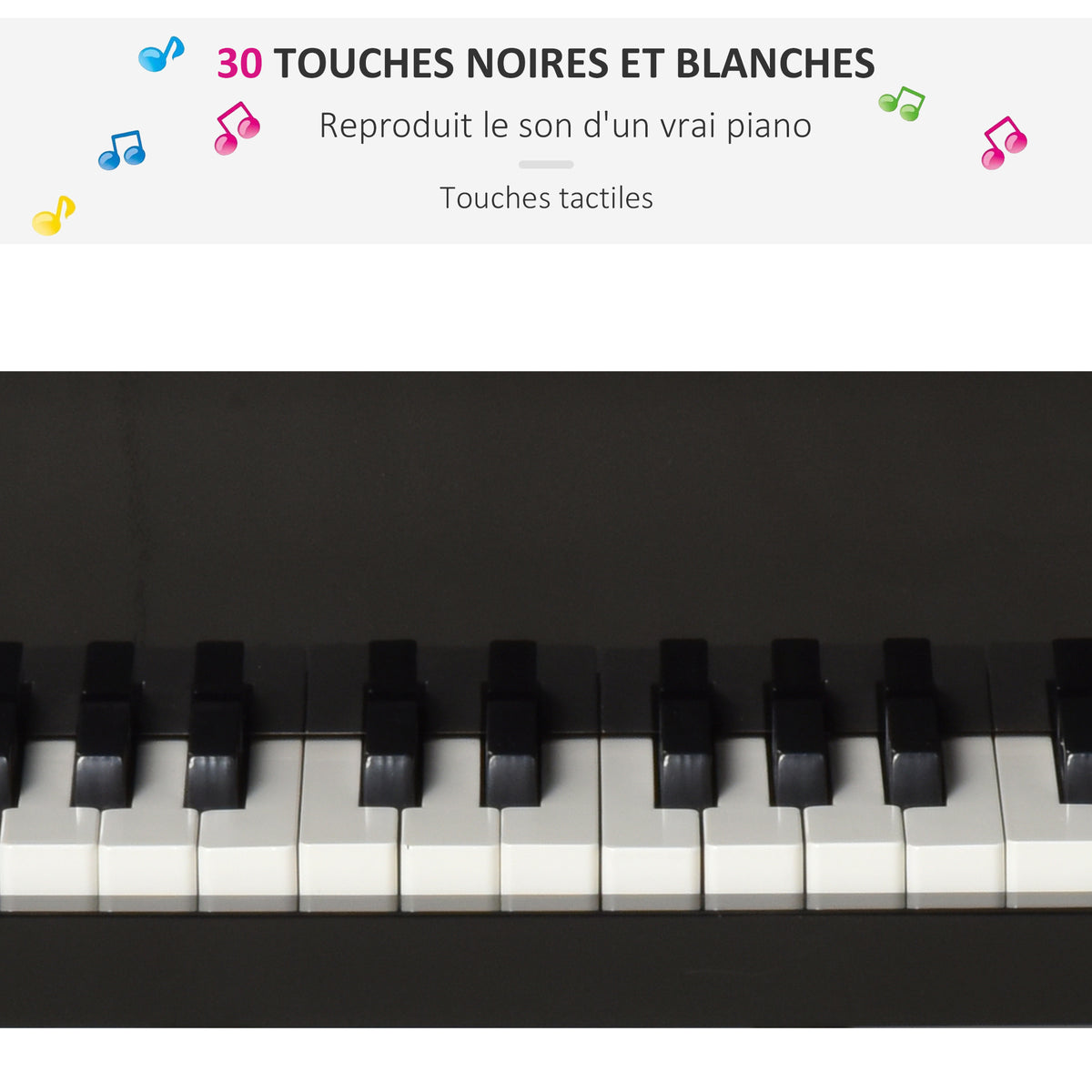 Piano à queue enfant en bois Piano enfant clavier de piano 30 touches - tabouret et pupitre inlus - Instrument de Musique - MDF noir