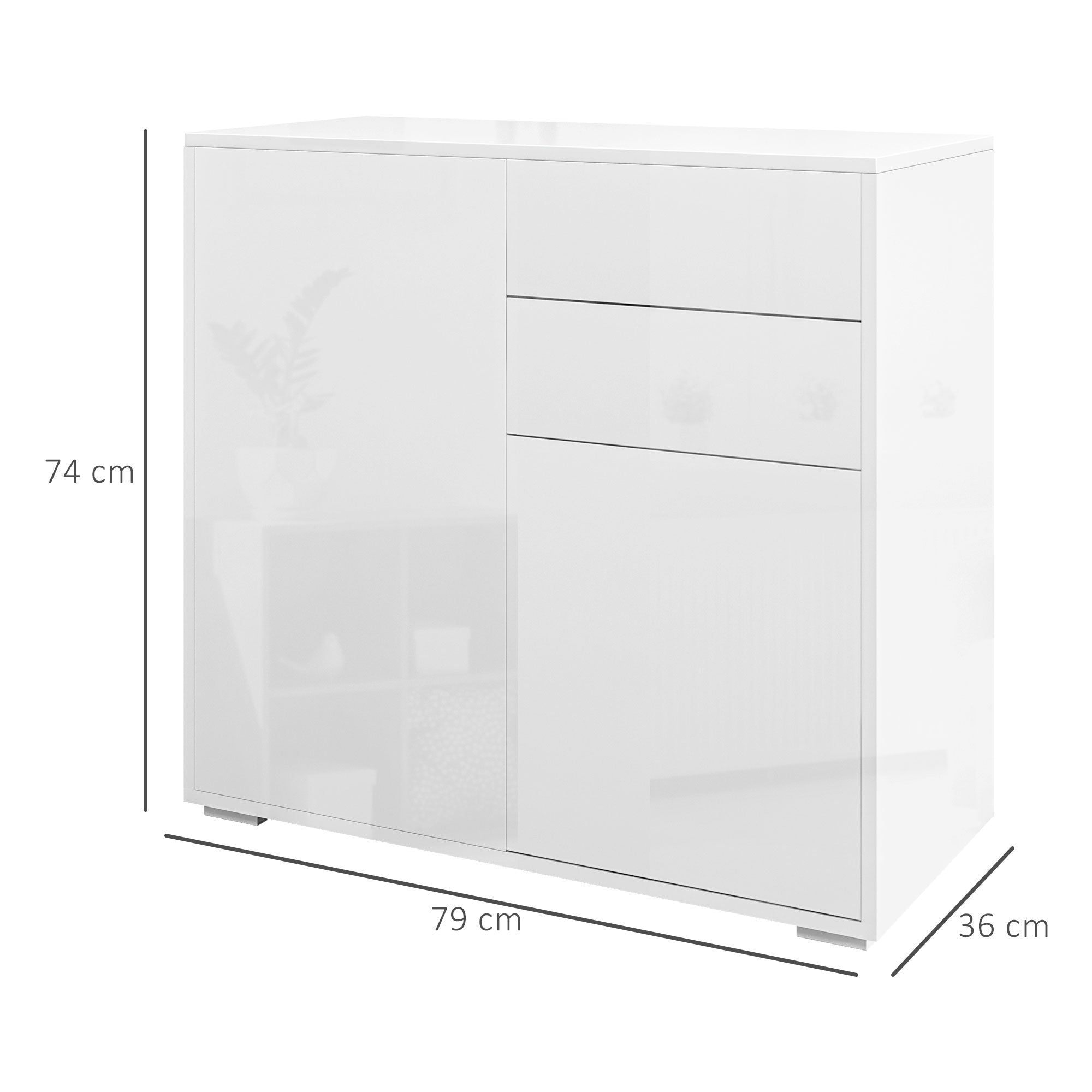 Commode Buffet Meuble de Rangement 2 tiroirs 2 Portes avec étagère 79 x 36 x 74 cm Blanc brillant