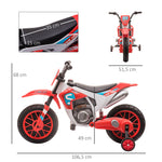 Moto Cross électrique Enfant 3 à 5 Ans 12 V 3-8 Km/h avec roulettes latérales Amovibles dim. 106,5L x 51,5l x 68H cm Rouge