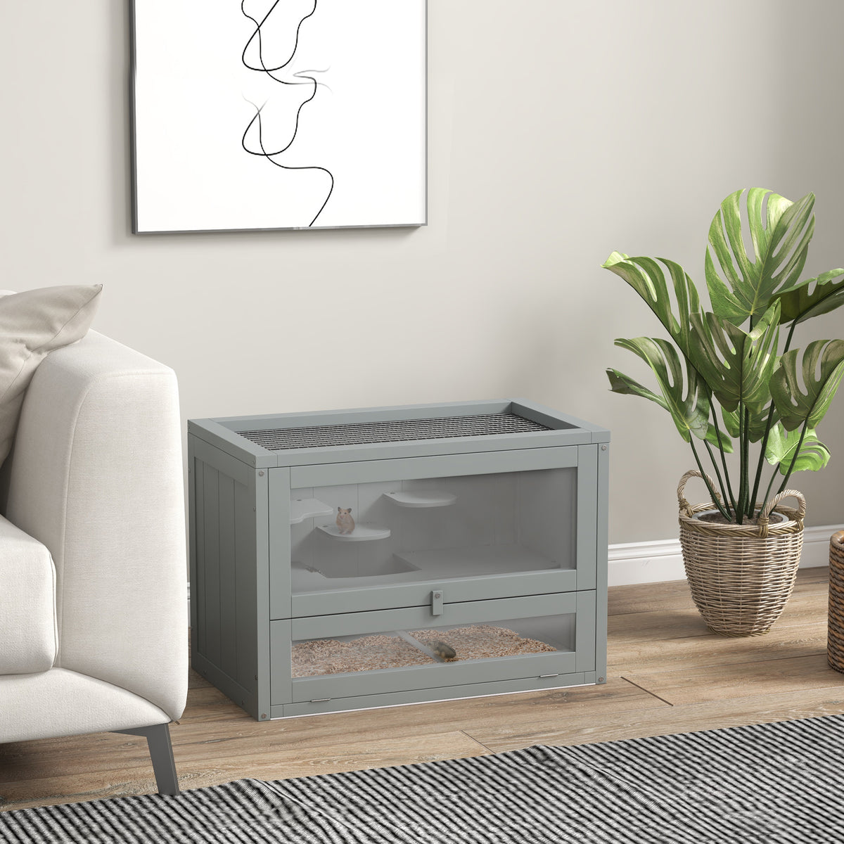 Cage pour hamsters souris petits rongeurs multi-équipements rampe plateformes toit ouvrant grillagé 60 x 35 x 42 cm gris