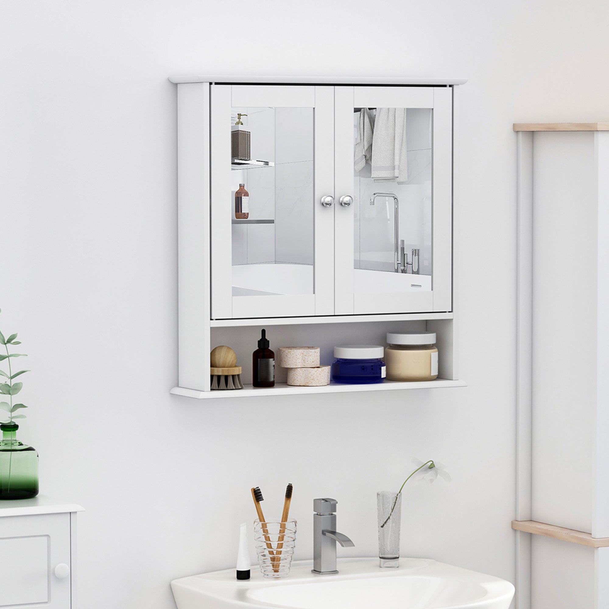 Armadietto pensile per bagno 56L x 13P x 58A cm, doppia anta a specchio, ripiano regolabile, MDF, grigio