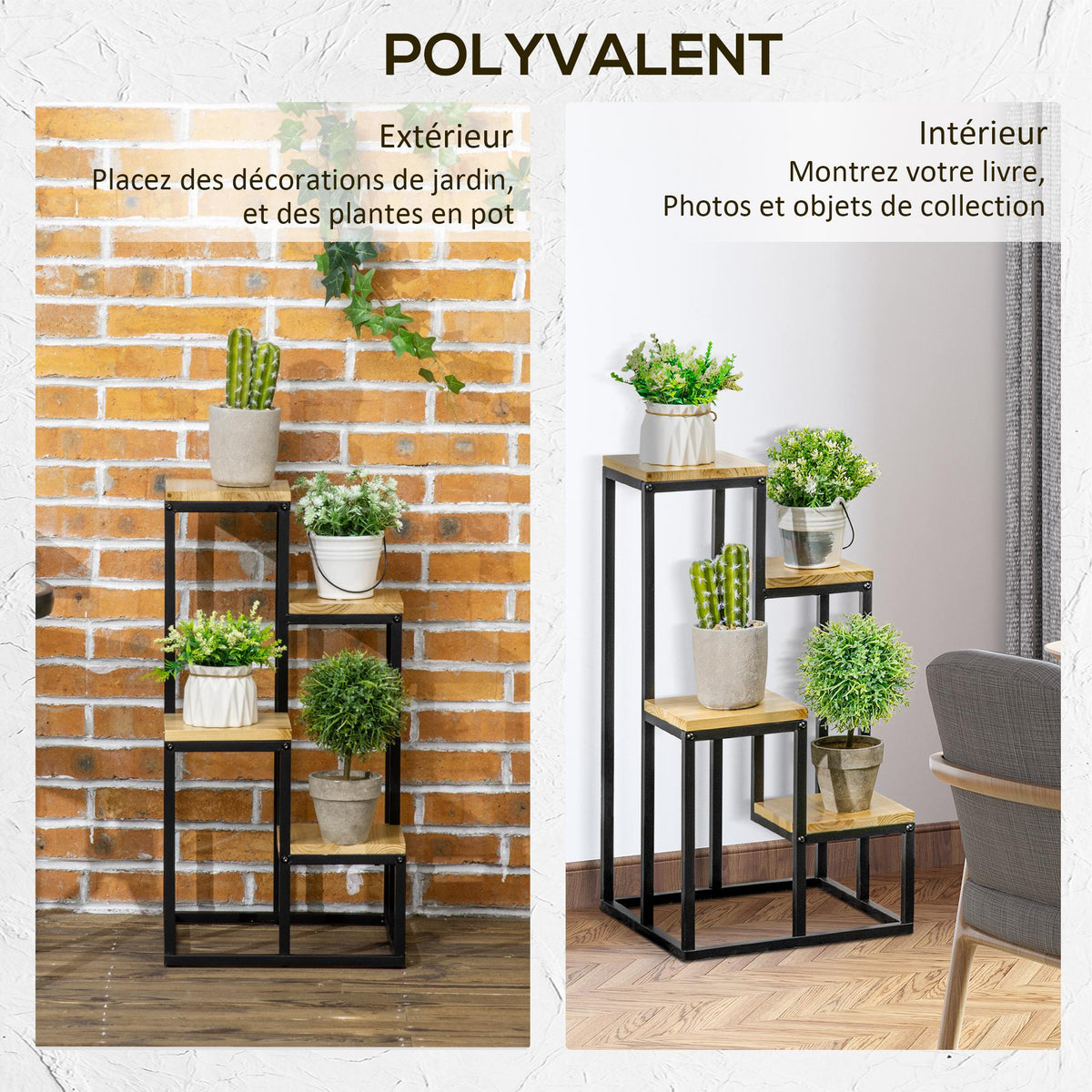 Étagère à plantes étagère à fleurs en métal et bois 4 niveaux de différentes hauteurs style industriel 34 x 34 x 66 cm