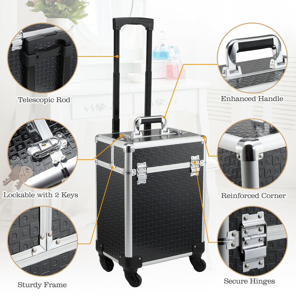 Valise trolley maquillage mallette cosmétique vanity poignée télescopique réglable 34L x 24l x 52H cm alu. noir