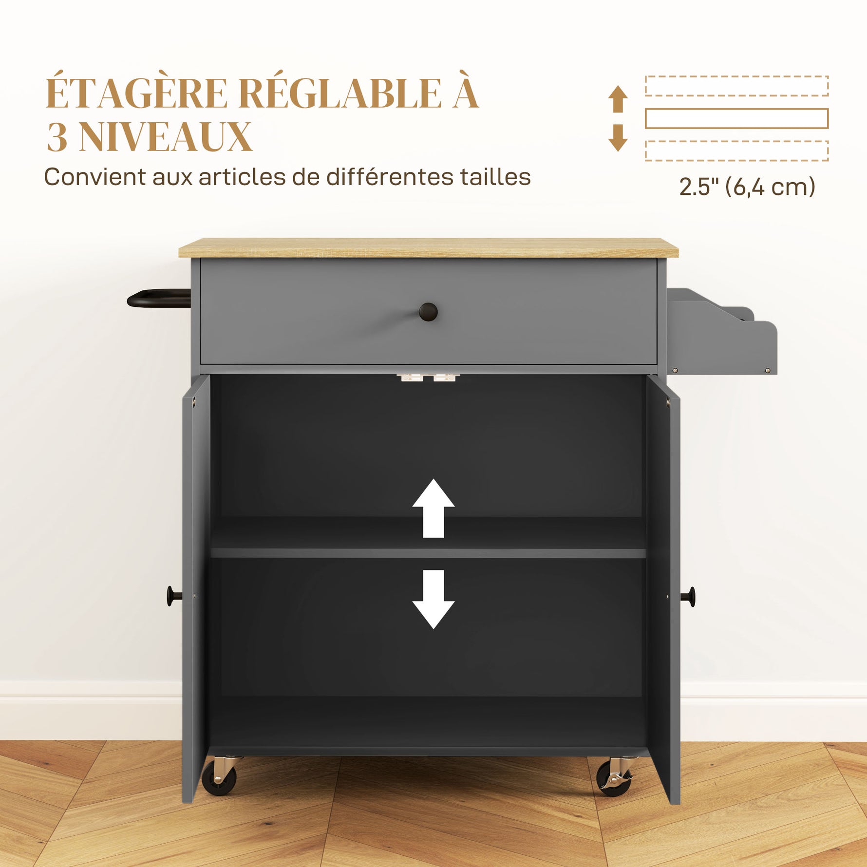 Desserte de cuisine sur roulettes, Îlot central cuisine tiroir étagère réglable support à épices et porte-serviette gris