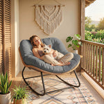 Fauteuil à Bascule Papasan Intérieur Extérieur, Chaise Ovale à Bascule Rembourrée pour Jardin, Patio, Gris