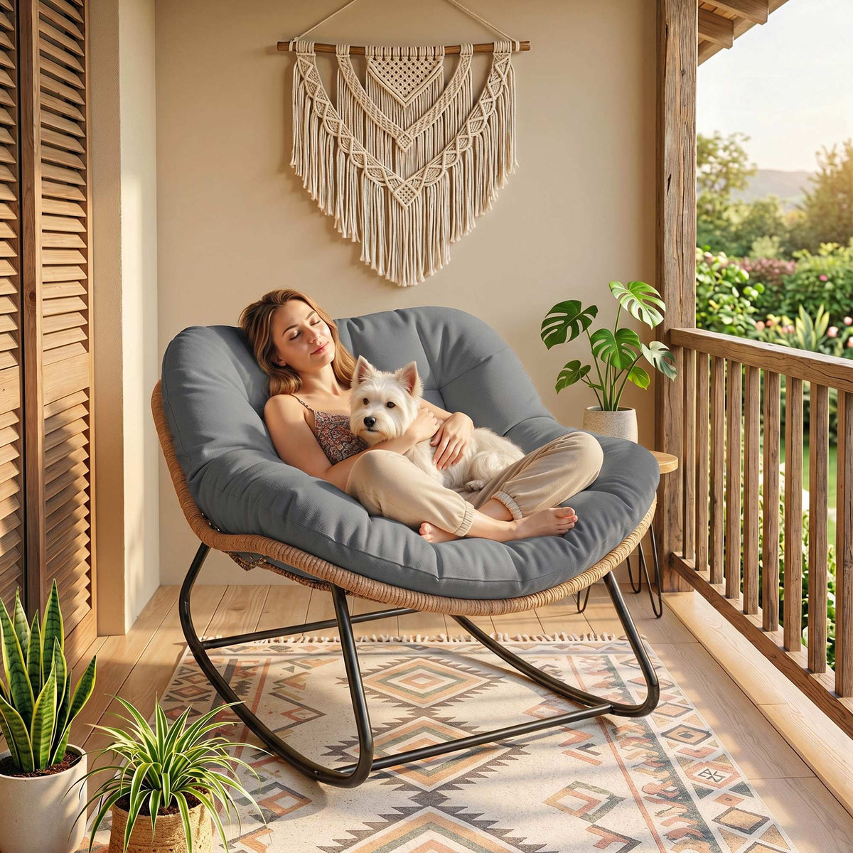 Fauteuil à Bascule Papasan Intérieur Extérieur, Chaise Ovale à Bascule Rembourrée pour Jardin, Patio, Gris