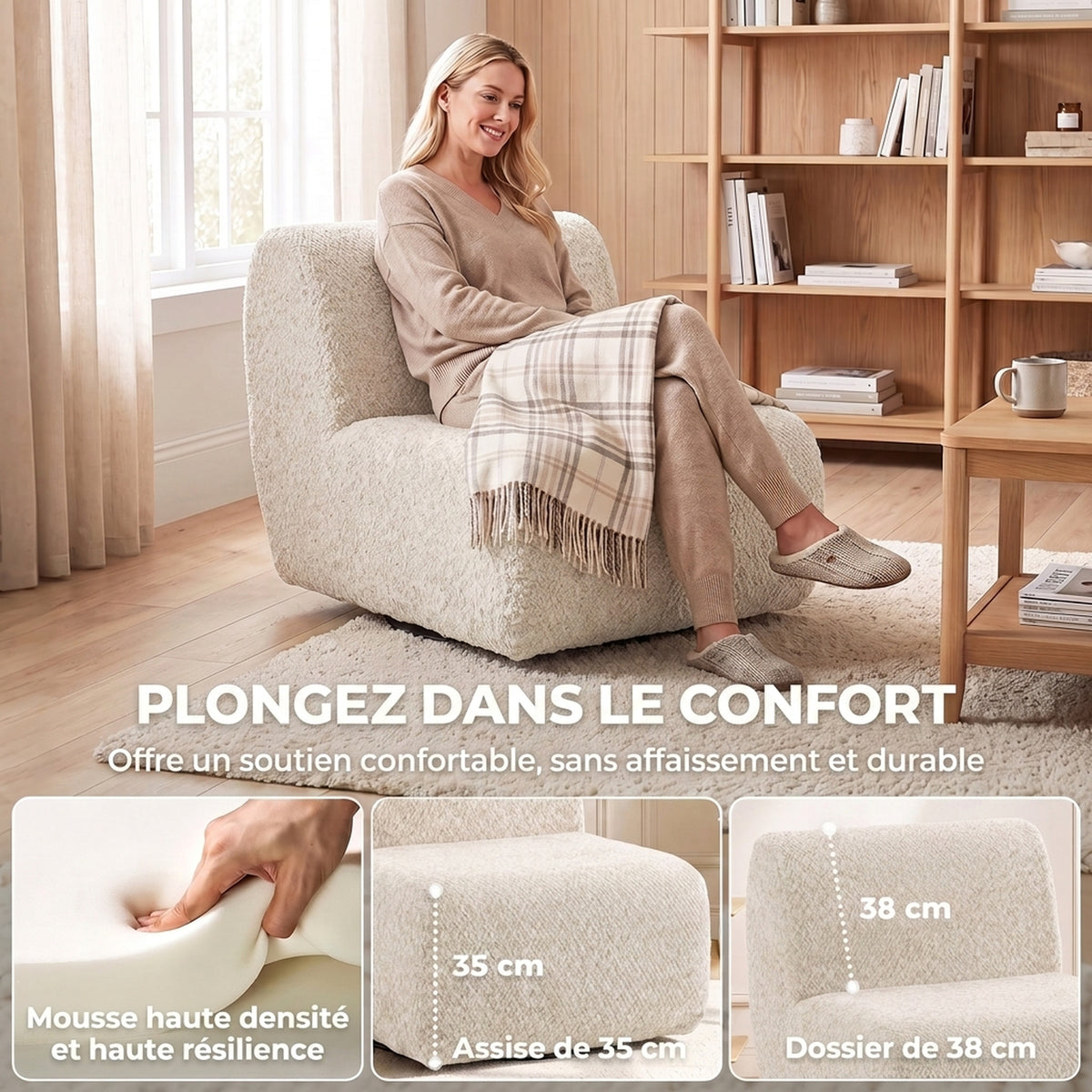 Fauteuil de salon pivotant 360°, canapé 1 place rembourré en chenille avec assise extra-large, rembourrage épais, beige