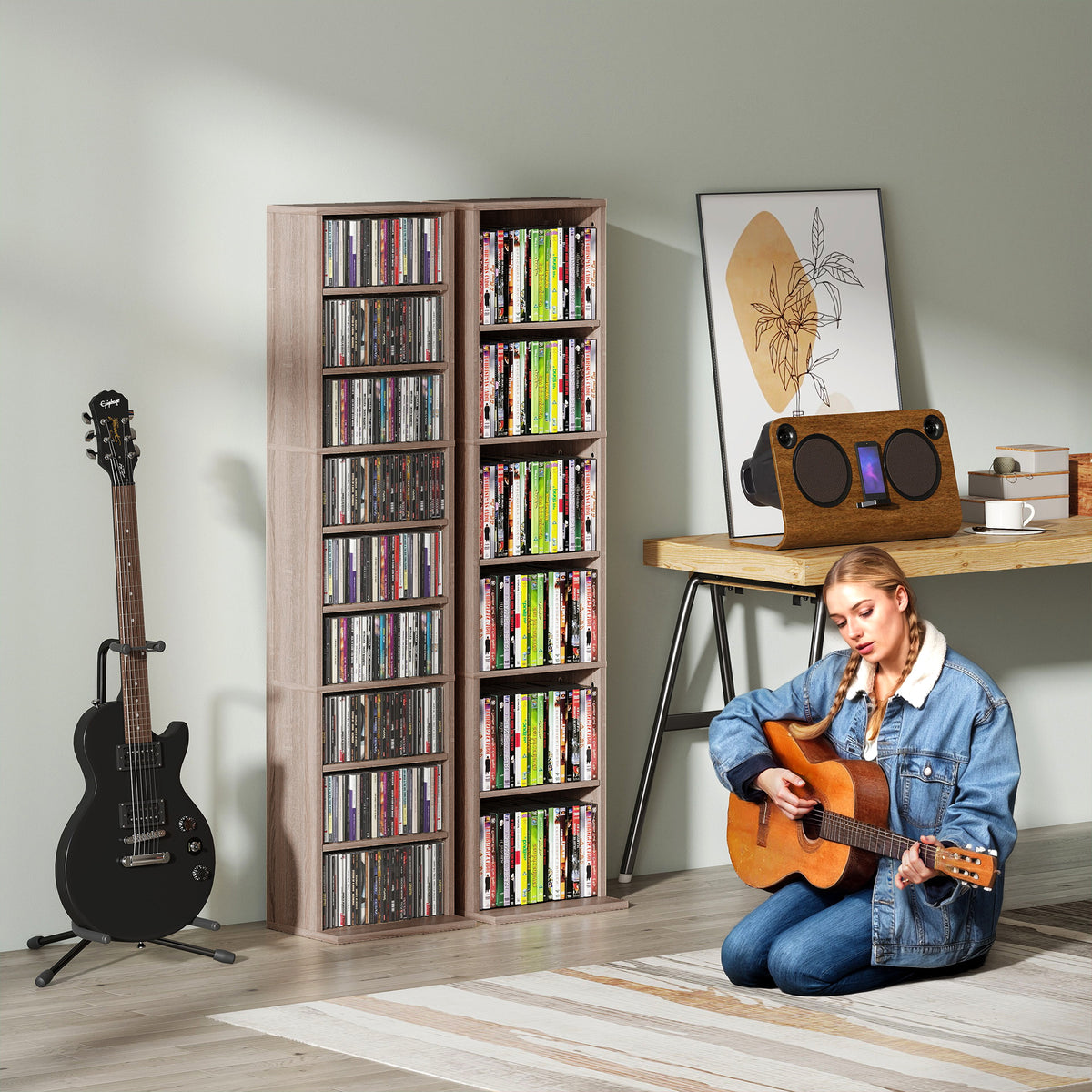 Rangements pour CD et DVD 9 compartiments et 6 étagères réglables capacité max. 260 CD/120 DVD 33 x 24 x 140 cm bois naturel