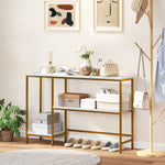 Console meuble 120 cm, table console 3 niveaux avec étagères de rangement, plateaux imitation marbre, blanc et doré