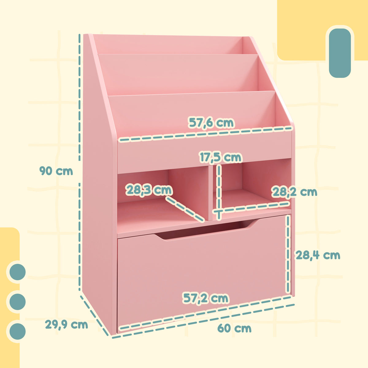 Bibliothèque étagère Multi-Rangement 3 étagères 2 niches Grand tiroir en bois Rose