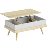 Table Basse Relevable avec 3 Compartiments Cachés, Table de Salon Moderne, Pieds en Bois, 100x79x54cm, Naturel Blanc