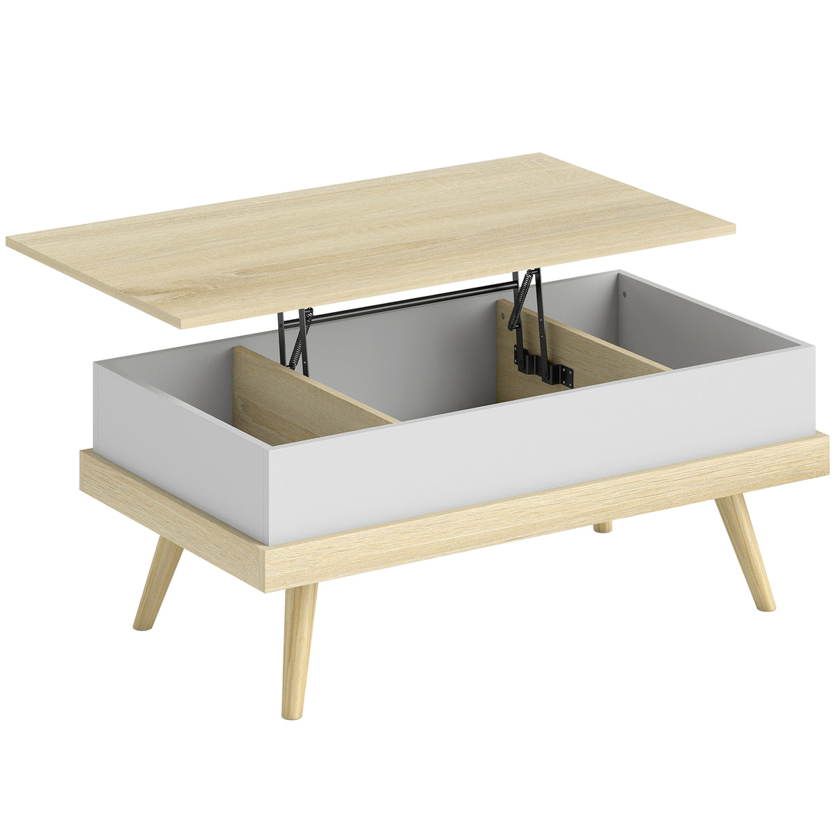 Table Basse Relevable avec 3 Compartiments Cachés, Table de Salon Moderne, Pieds en Bois, 100x79x54cm, Naturel Blanc
