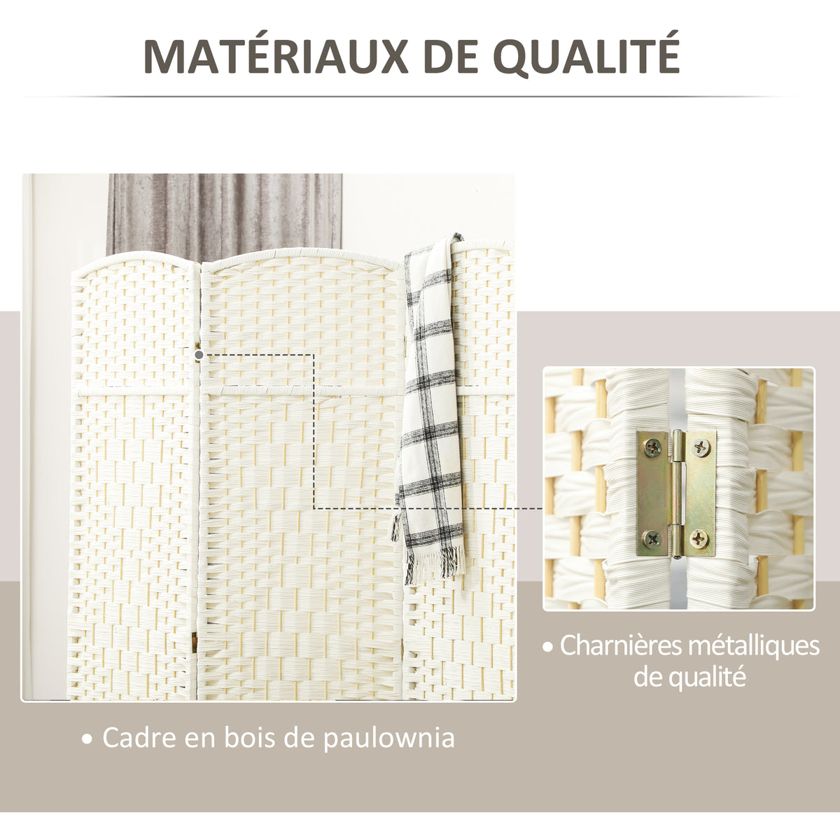 Paravent intérieur en bois 3 panneaux séparateur de pièce pliable pour salon chambre 135 x 180 cm blanc