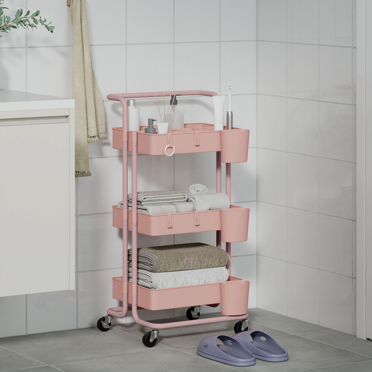 Chariot à 3 niveaux desserte avec 4 crochets et 3 boîtes suspendues amovibles pour 42 x 38 x 86,5 cm rose