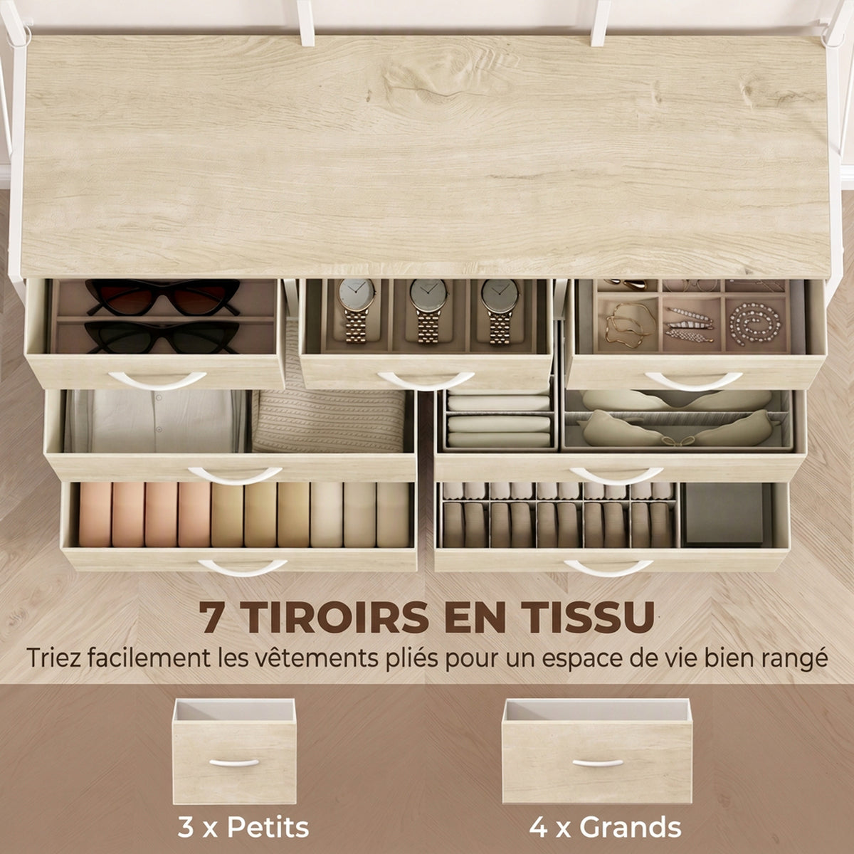 Porte-Manteau 4 en 1, Meuble d'Entrée avec 7 Tiroirs Pliables en Tissu, 14 Crochets et Panneau Grillagé, Chêne