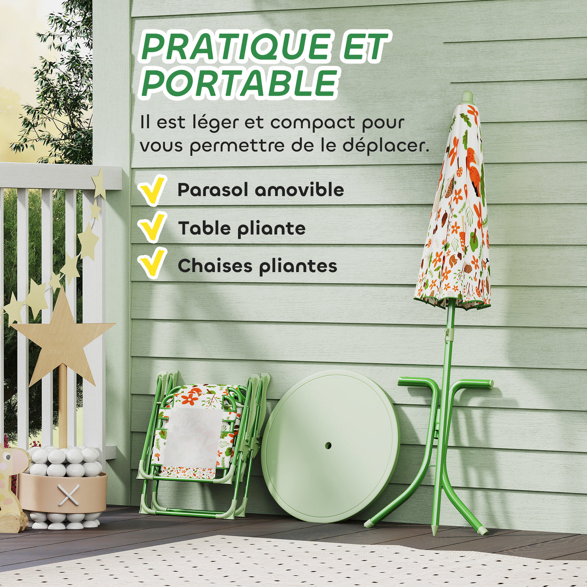 Ensemble salon de jardin extérieur enfant 4 pièces, motif éléphant et girafe, parasol réglable Ø 100 cm, chaise pliable