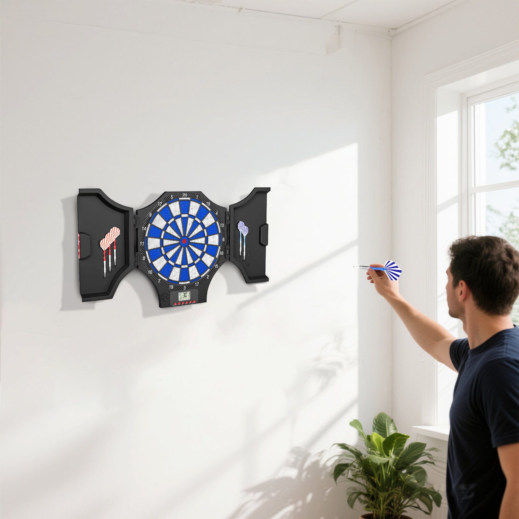 Cible jeu de fléchettes électronique refermable 2 portes 31 jeux jusqu'à 8 joueurs affichage LCD haut-parleur noir